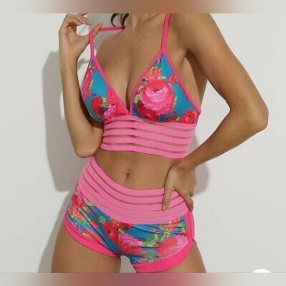 FLUORESCENT Floral Swim Suit, Size Large Top with Size Small Bottom - Picture 8 of 15